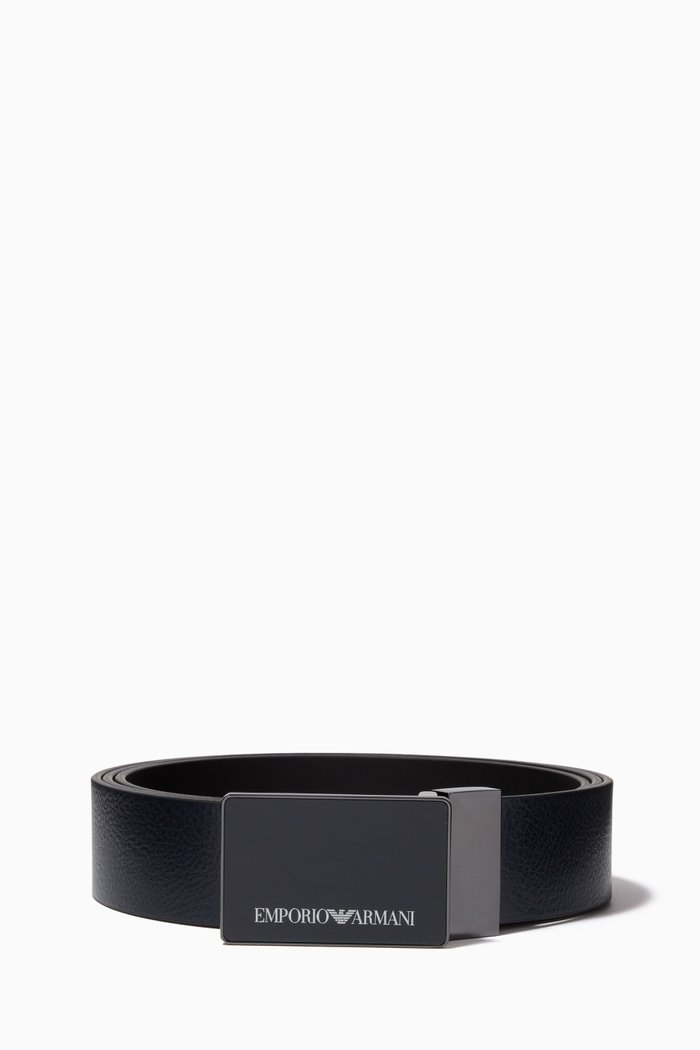 

EA Logo Plate Belt in Pebbled Leather, Blue