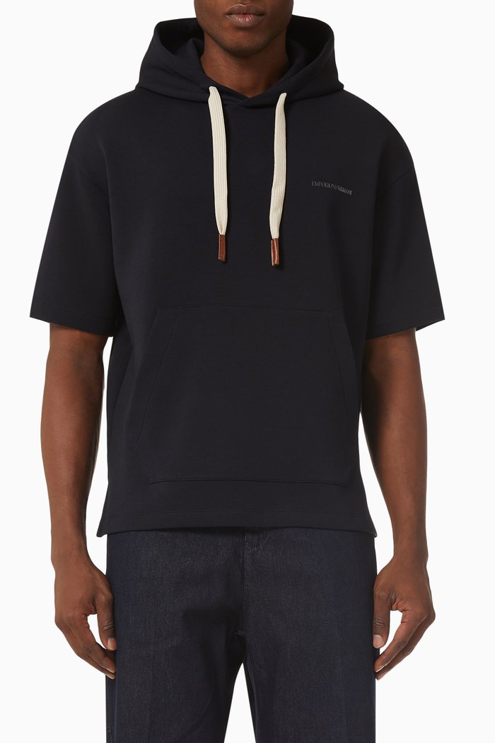 

Short Sleeve Hoodie in Cotton Jersey, Blue