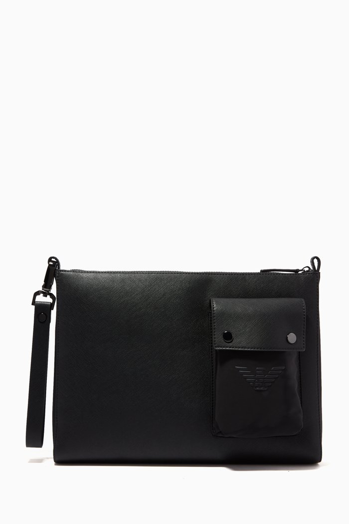 

Eagle Logo Flap Travel Pouch in Saffiano Leather, Black