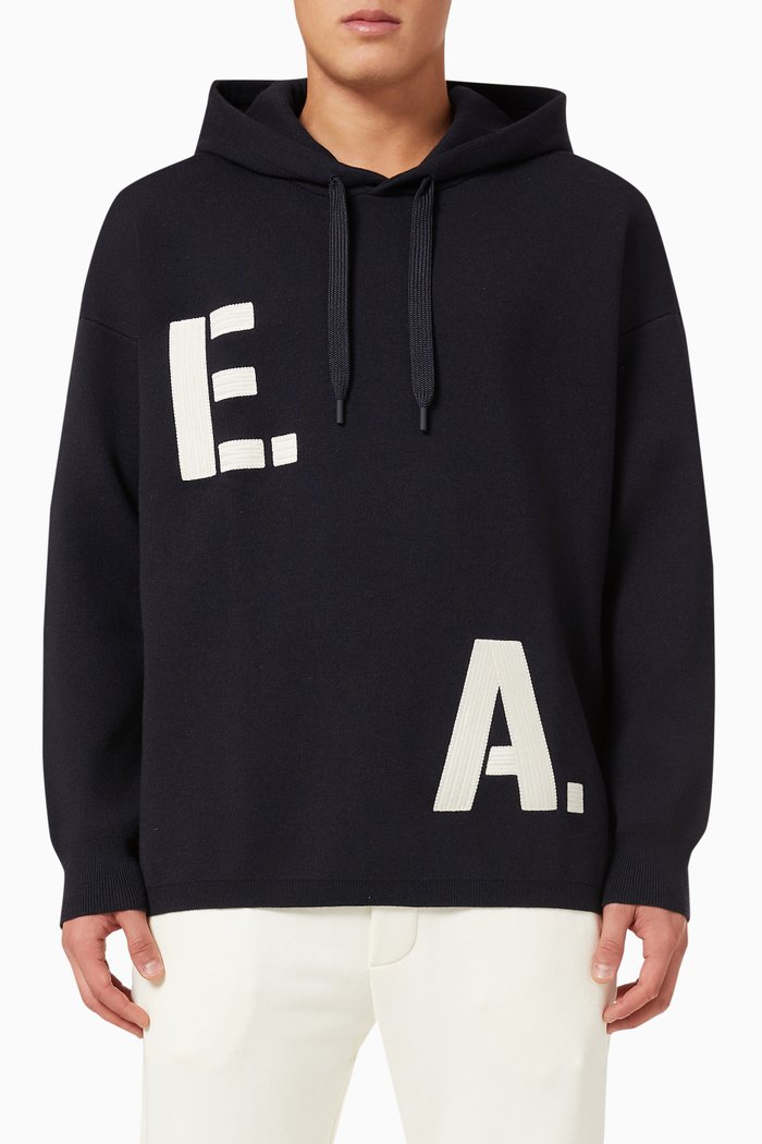 EA Logo-embroidered Hoodie in Wool-blend, Blue