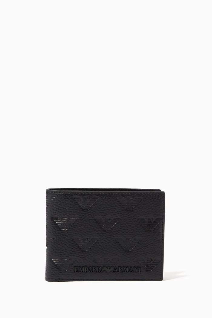 Minorca Eagle Logo Bi-fold Wallet in Leather, Black