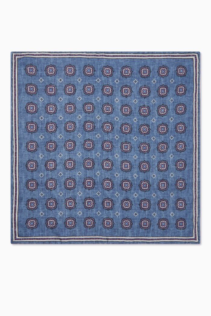 Geometric Motif Pocket Square in Silk, Blue