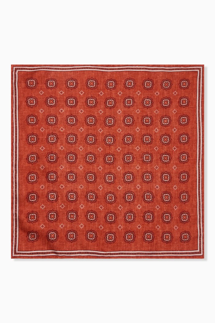 

Geometric Motif Pocket Square in Silk, Orange