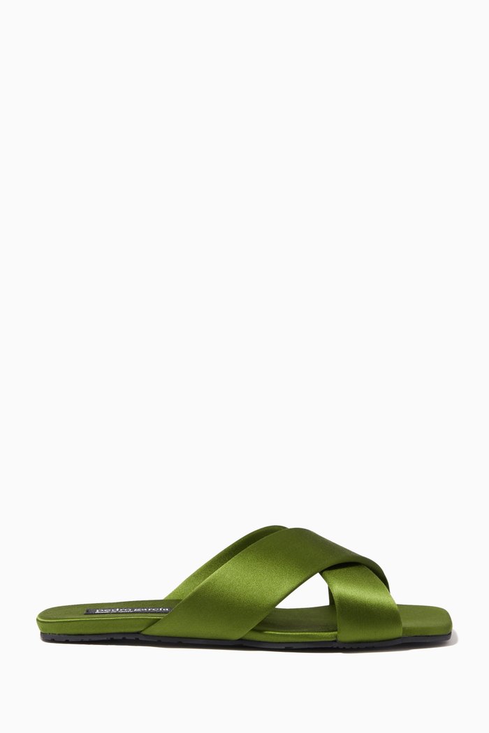 

Kendy Slide Sandals in Silk Satin, Green