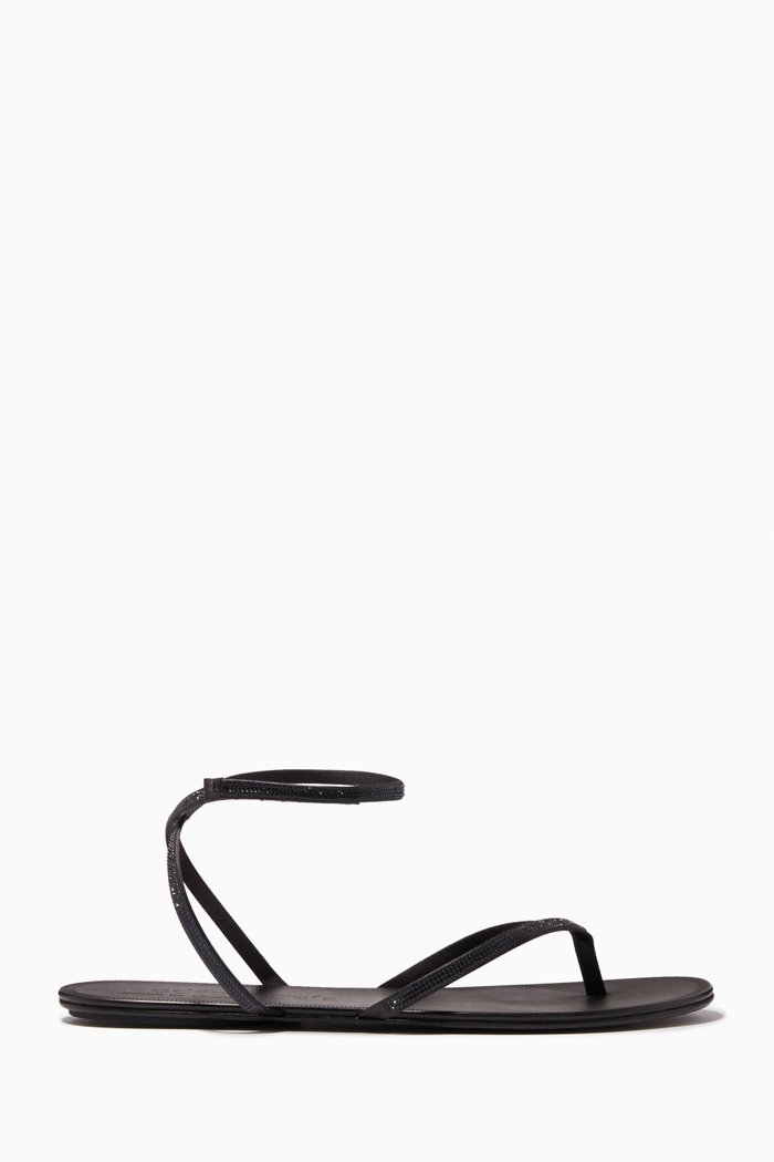 Peachy Flat Sandals in Swarovski Studded Satin, Black