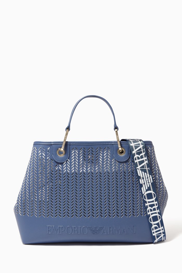 

My EA Medium Tote Bag in Perforated Faux Leather, Blue