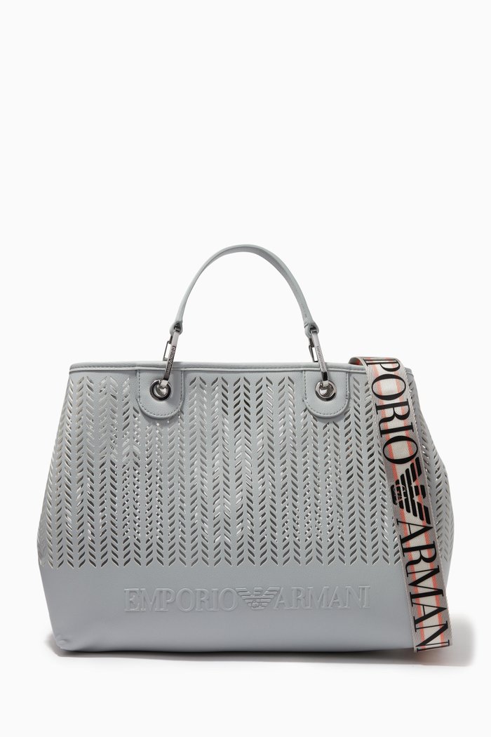 

My EA Medium Tote Bag in Perforated Faux Leather, Grey