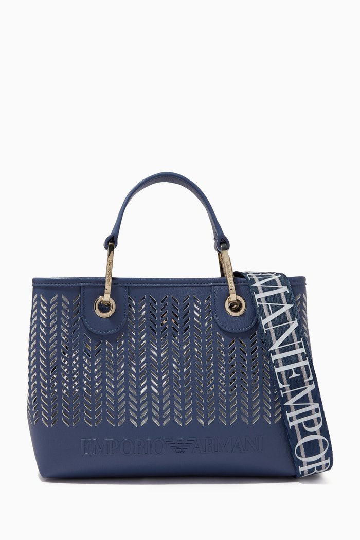 

MY EA Small Tote Bag in Perforated Eco Leather, Blue