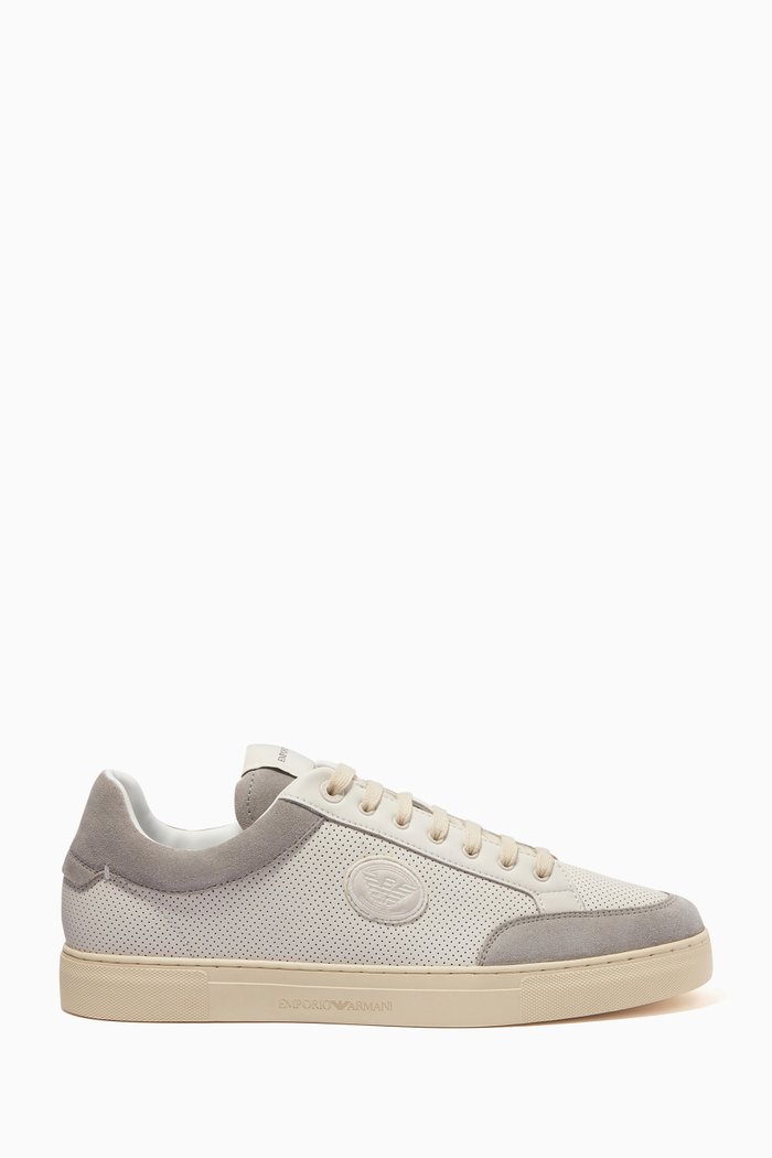 Eagle Logo Sneakers in Perforated Leather & Suede, Neutral