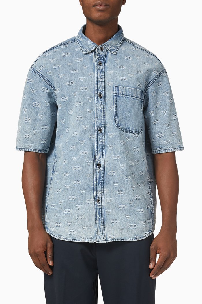 Logo Print Shirt in Washed Denim, Blue
