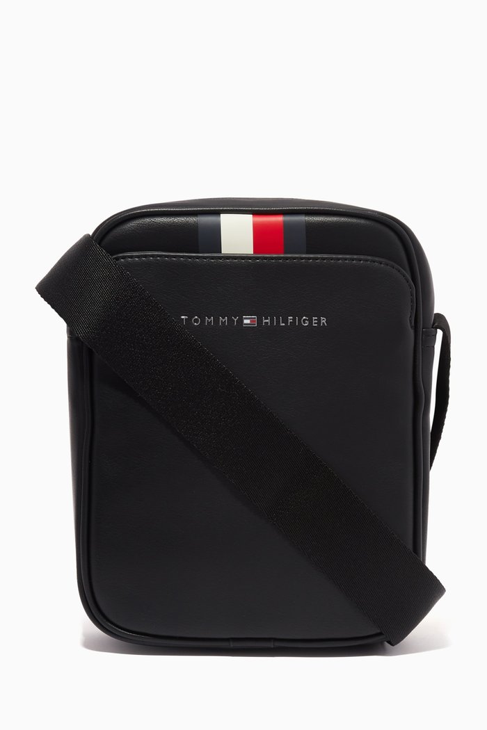 

Midtown Stripe Mini Reporter Bag in Faux Leather, Black