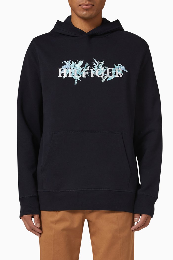 

Floral Embroidery Hoodie in Fleece, Blue
