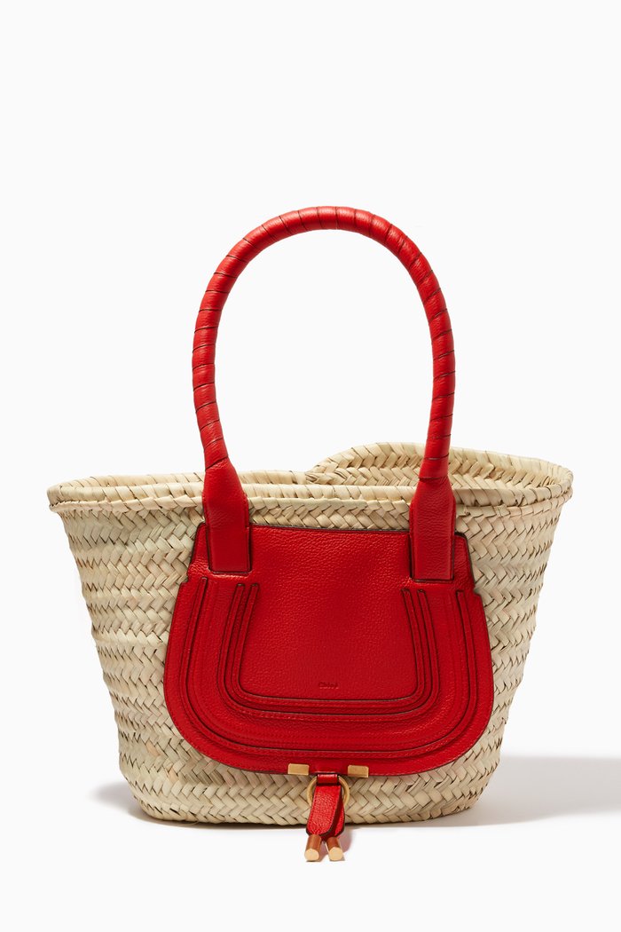 

Medium Marcie Basket Bag in Raffia & Grained Calfskin, Red