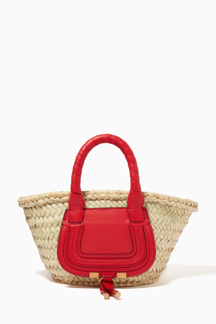 

Mini Marcie Basket Bag in Raffia & Grained Calfskin, Red
