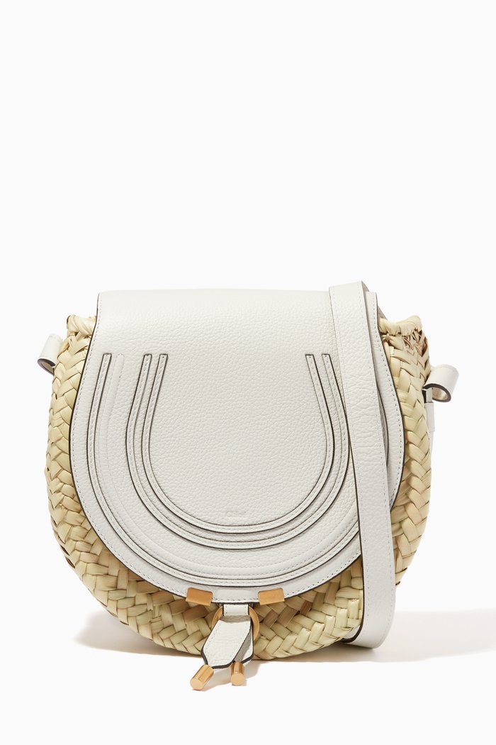 

Marcie Small Crossbody Basket Bag in Raffia & Calfskin, White
