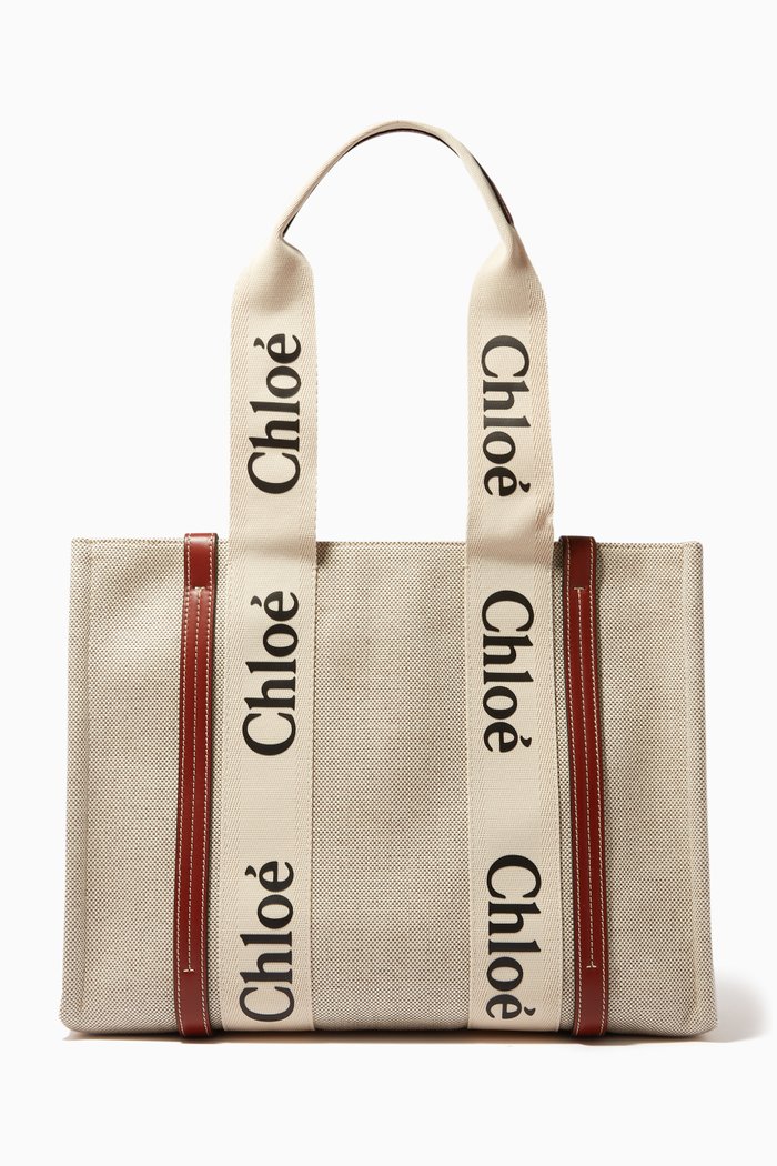 

Woody Medium Tote Bag in Linen Canvas & Calfskin, Brown