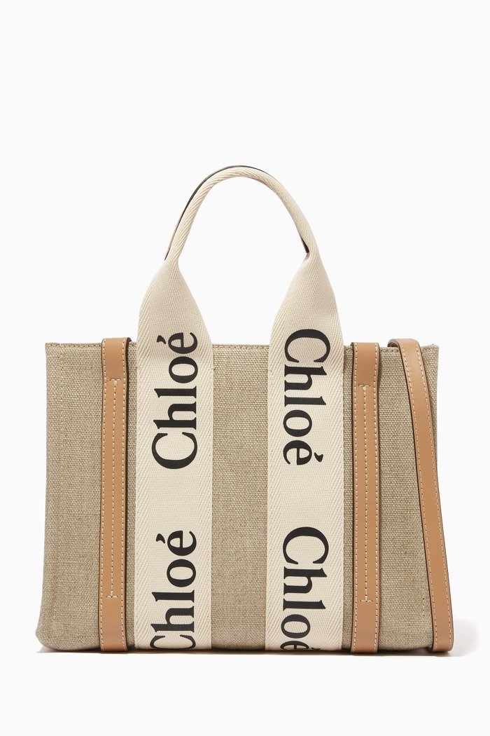 

Woody Small Tote Bag in Linen Canvas & Calfskin, Neutral