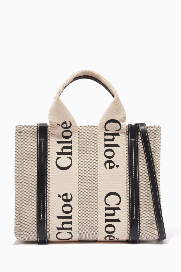

Woody Small Tote Bag in Linen Canvas & Calfskin, Blue