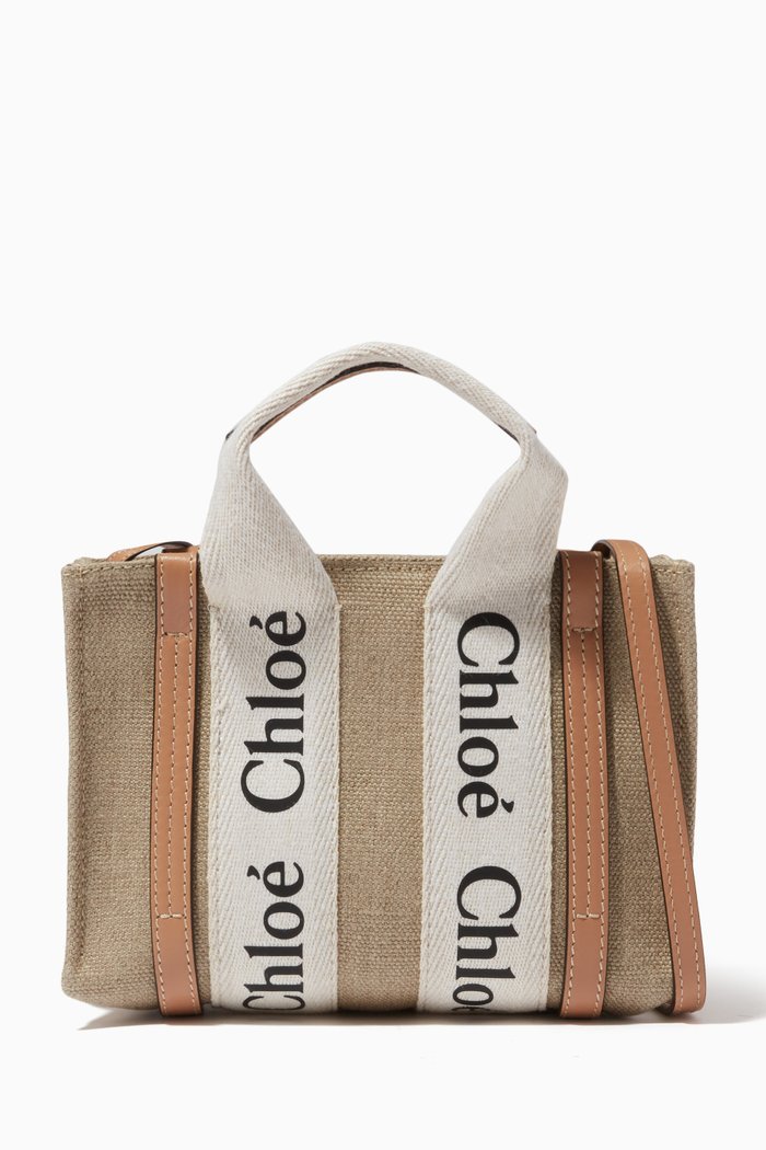

Woody Mini Tote Bag in Linen Canvas & Calfskin, Neutral