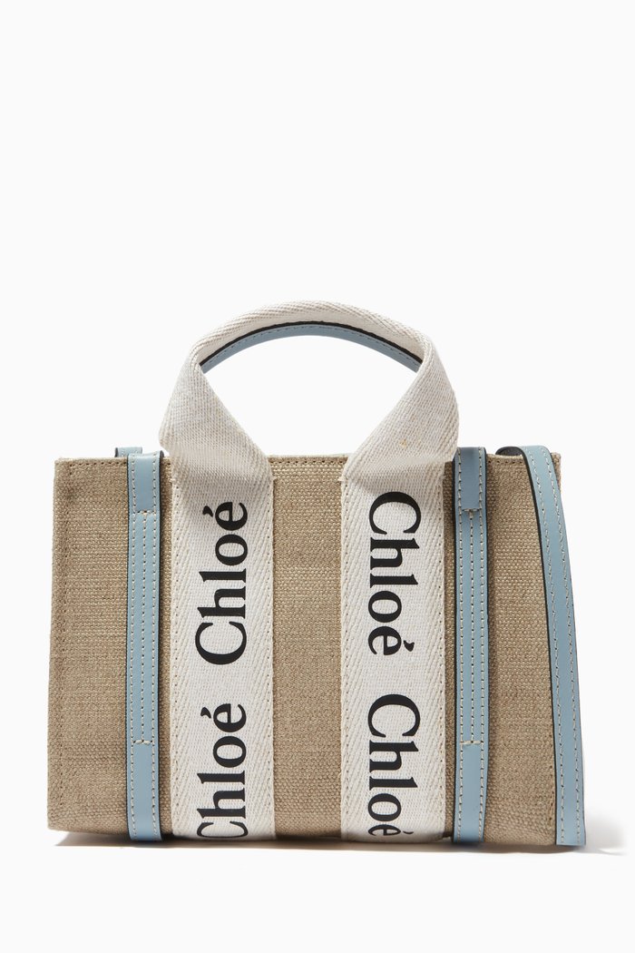 

Woody Mini Tote Bag in Linen Canvas & Calfskin, Blue