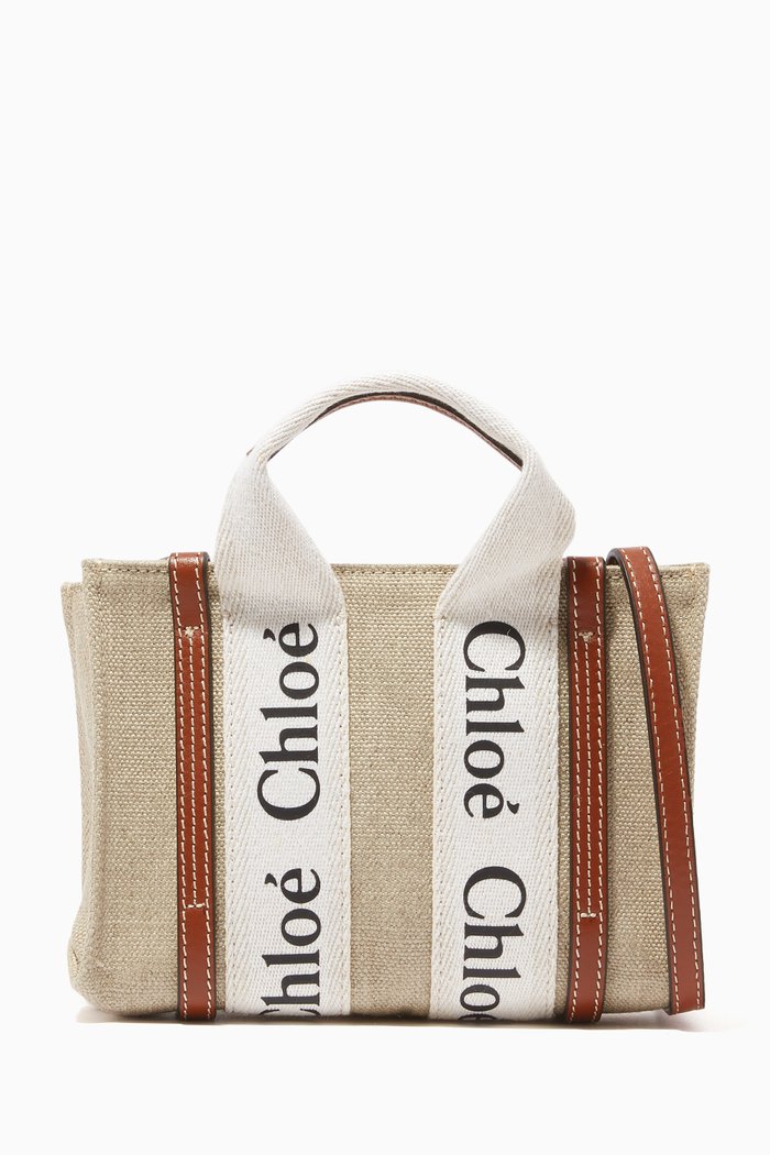 

Woody Mini Tote Bag in Linen Canvas & Calfskin, Brown
