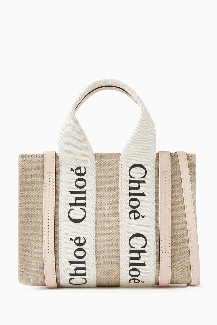 

Woody Mini Tote Bag in Linen Canvas & Calfskin, Pink