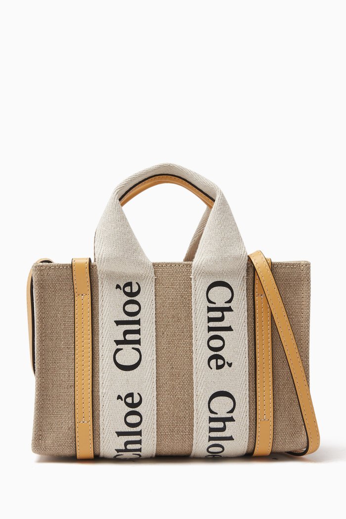 

Woody Mini Tote Bag in Linen Canvas & Calfskin, Orange