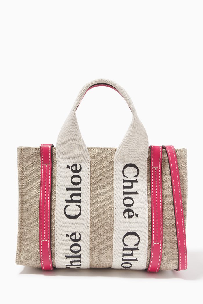 

Woody Mini Tote Bag in Linen Canvas & Calfskin, Pink