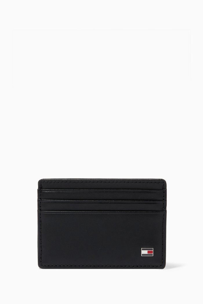 Metal Logo Card Holder in Leather, Black