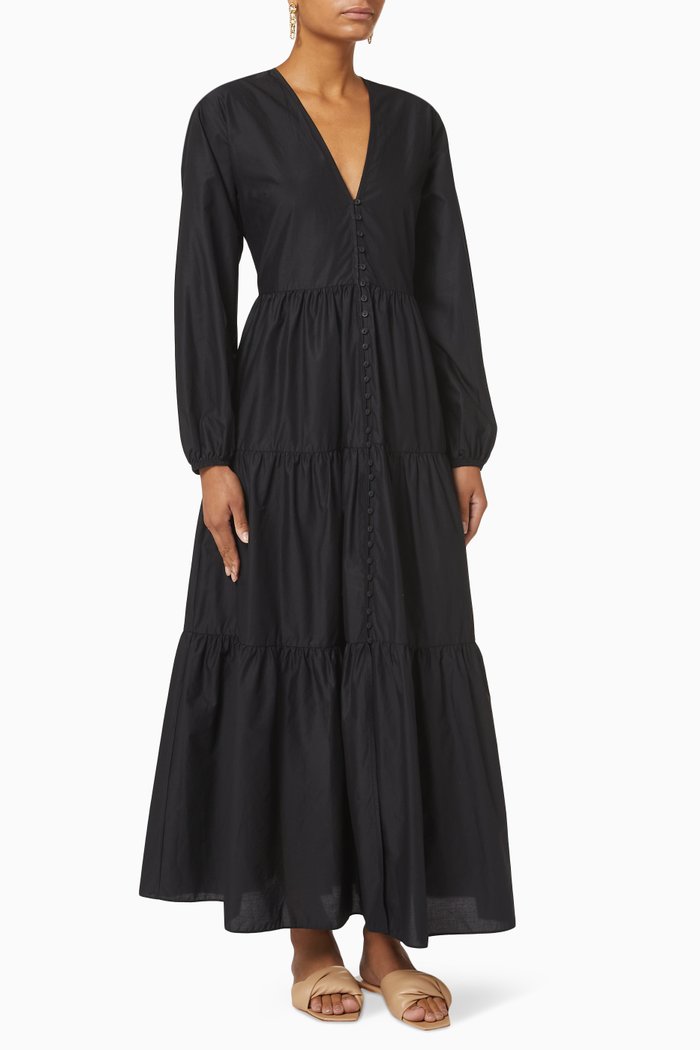 

Tiered Button Dress in Organic Cotton, Black