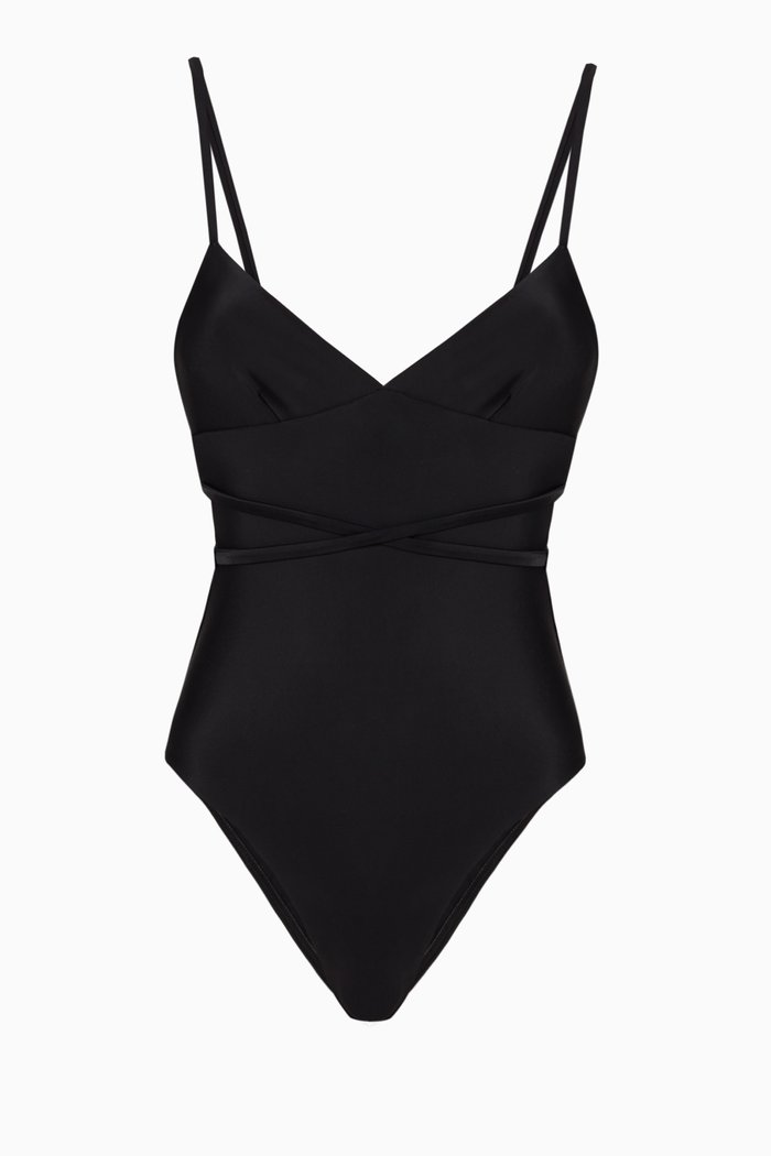 The Wrap Plunge Maillot in Recycled Nylon, Black