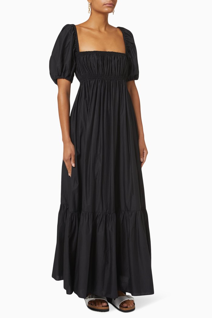 

Shirred Peasant Dress in Organic Cotton, Black