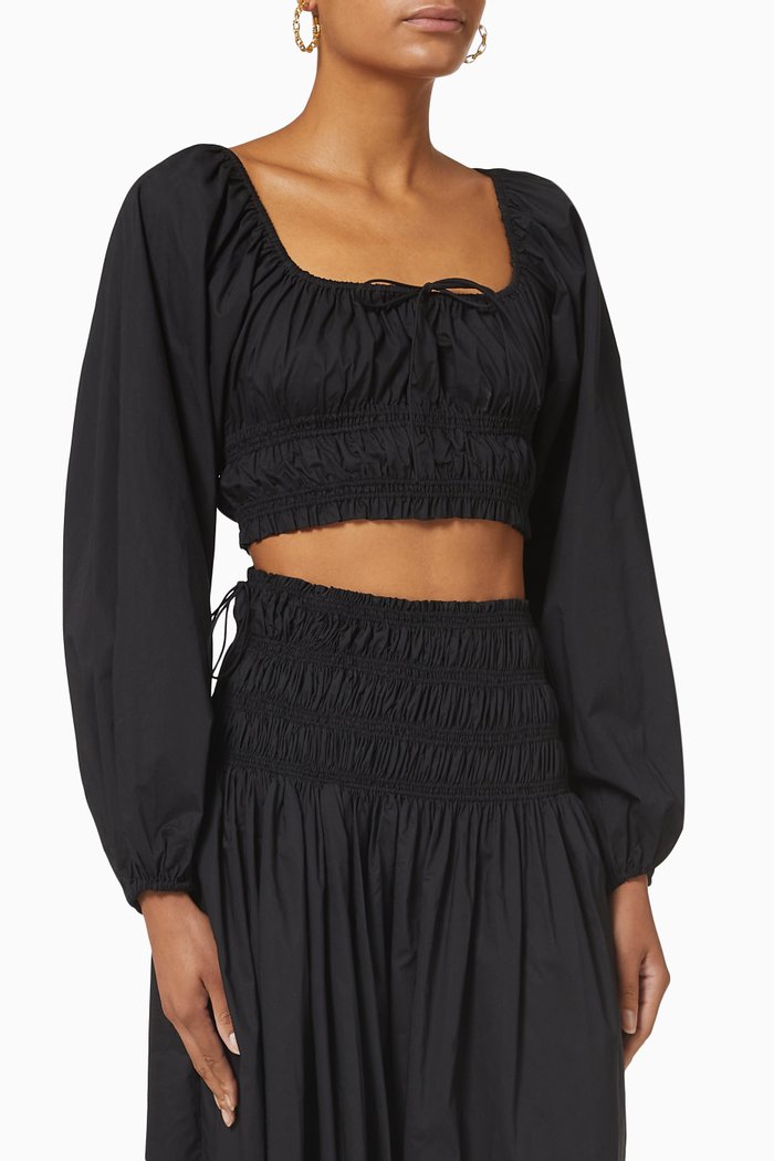 

Shirred Decolette Cropped Blouse in Organic Cotton, Black