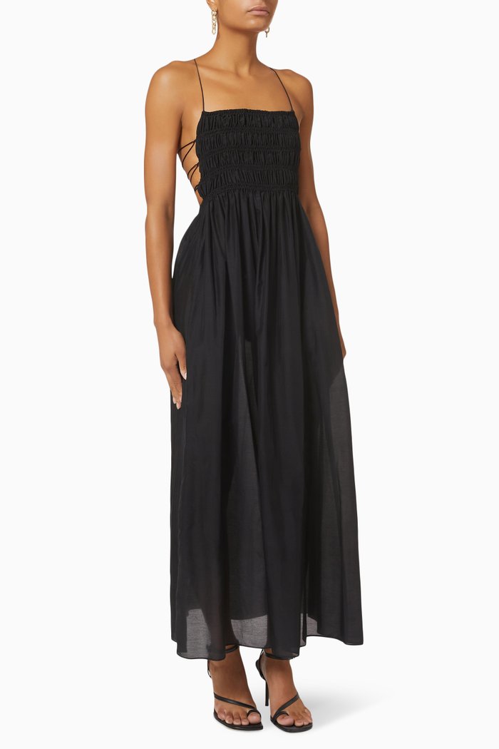 

Shirred Lace Up Dress in Organic Cotton & Silk, Black