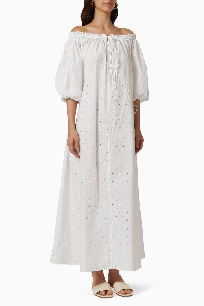 

The Broderie Off Shoulder Maxi Dress in Organic Cotton, White