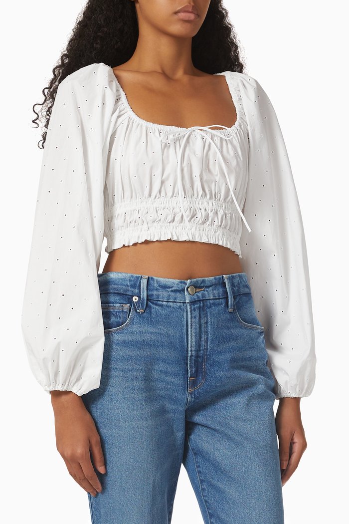 

The Broderie Shirred Decolette Blouse in Organic Cotton, White