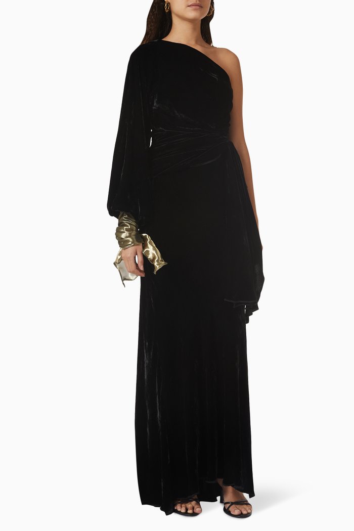 

Cora One-shoulder Gown in Velvet, Black