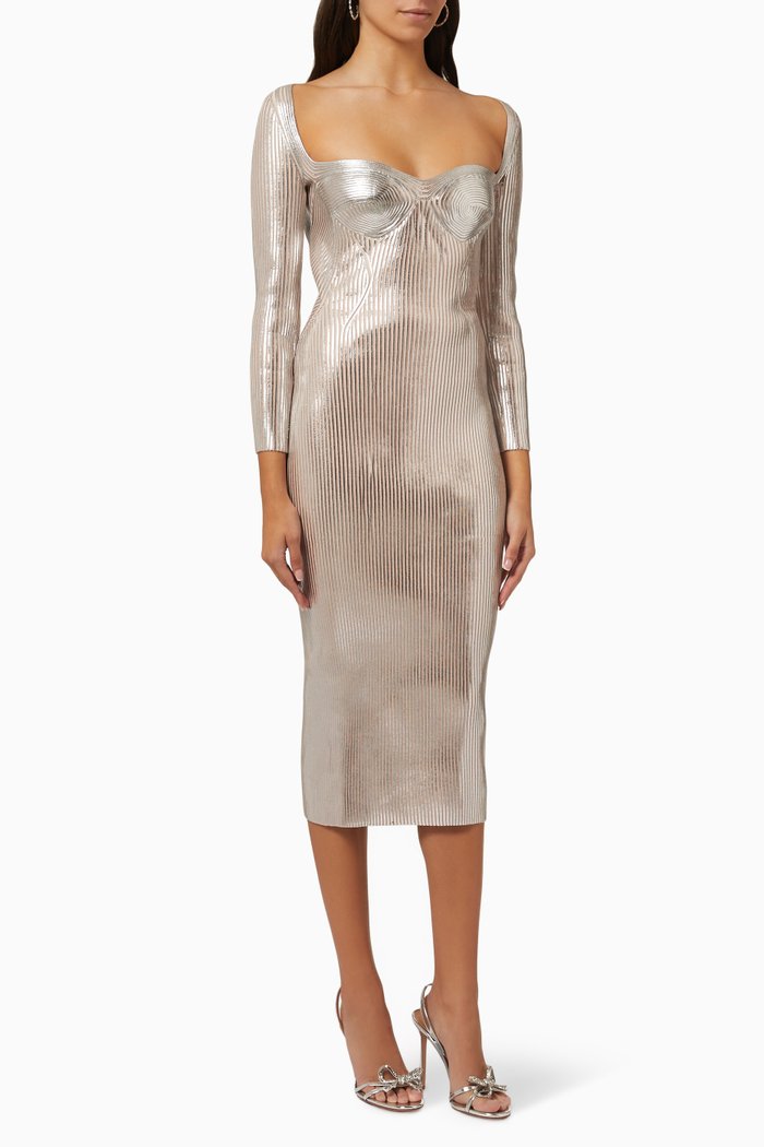 

Helen Midi Dress in Metallic Knit, Silver