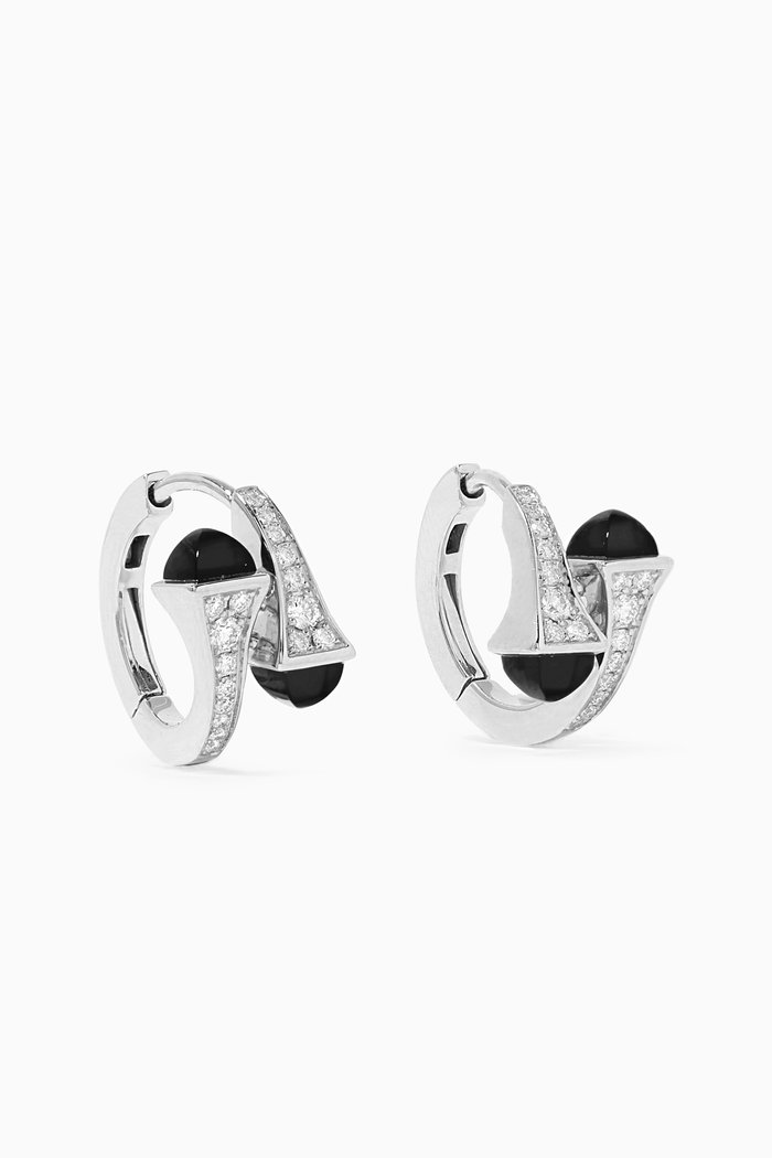 

Cleo Black Onyx Diamond Huggie Earrings in 18kt White Gold, Silver
