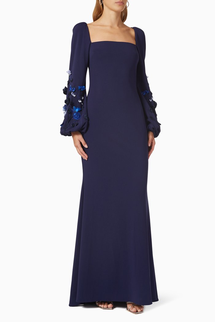 

3D Floral Embroidered Gown in Scuba, Blue