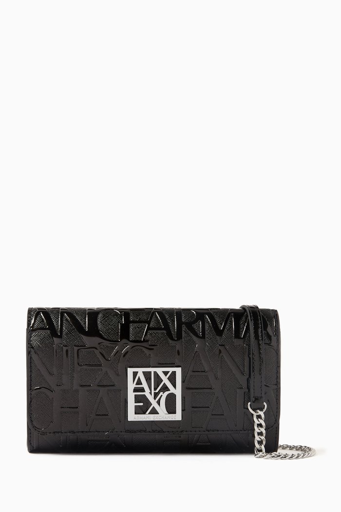 

AX Logo Chain Wallet in Faux Leather, Black
