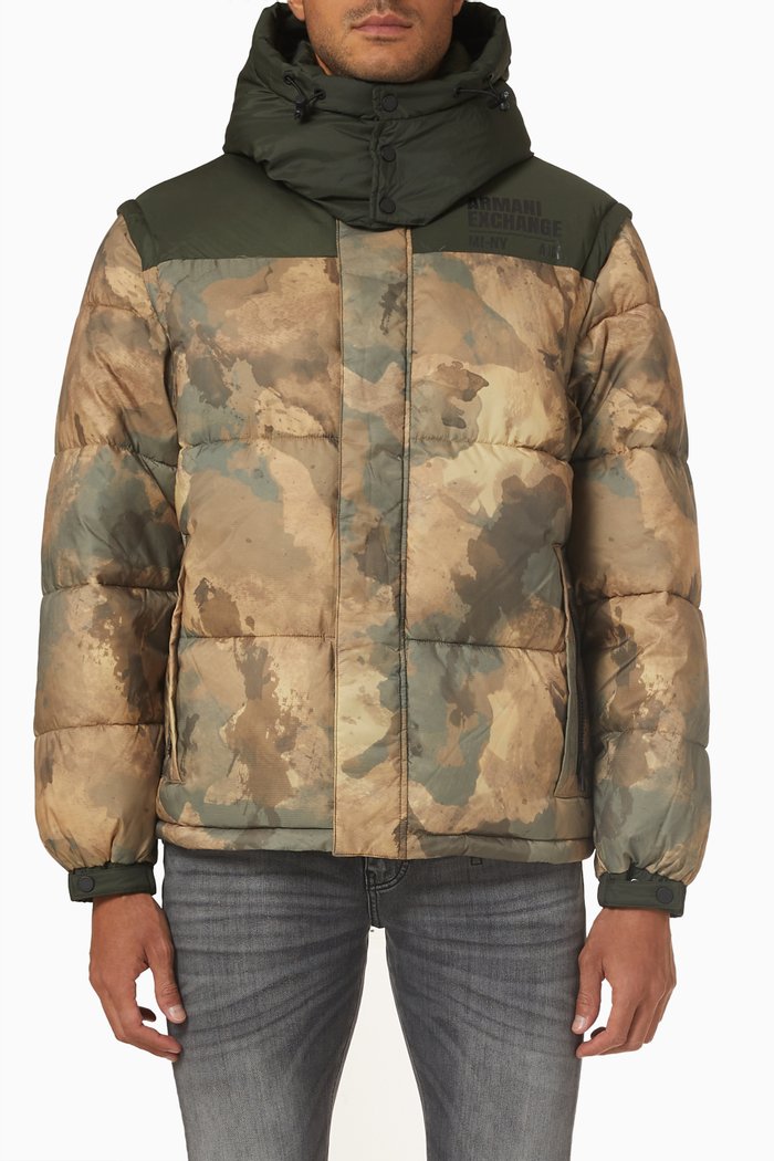 

Camo Print Padded Puffer Jacket in Technical Fabric, Multicolour
