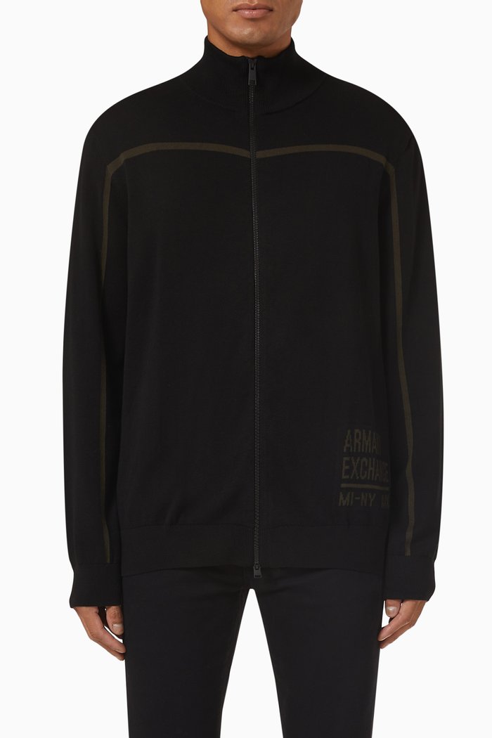

Contrast Tape Cardigan in Cotton Knit, Black