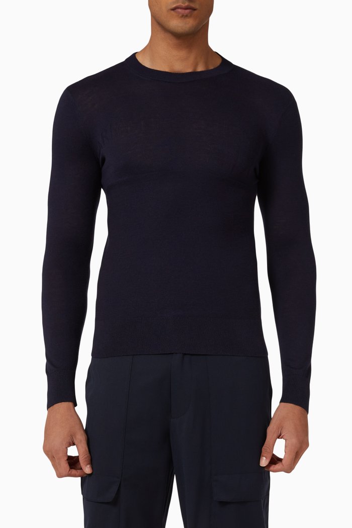 

Crewneck Logo-embossed Sweater in Cotton-blend Knit, Blue