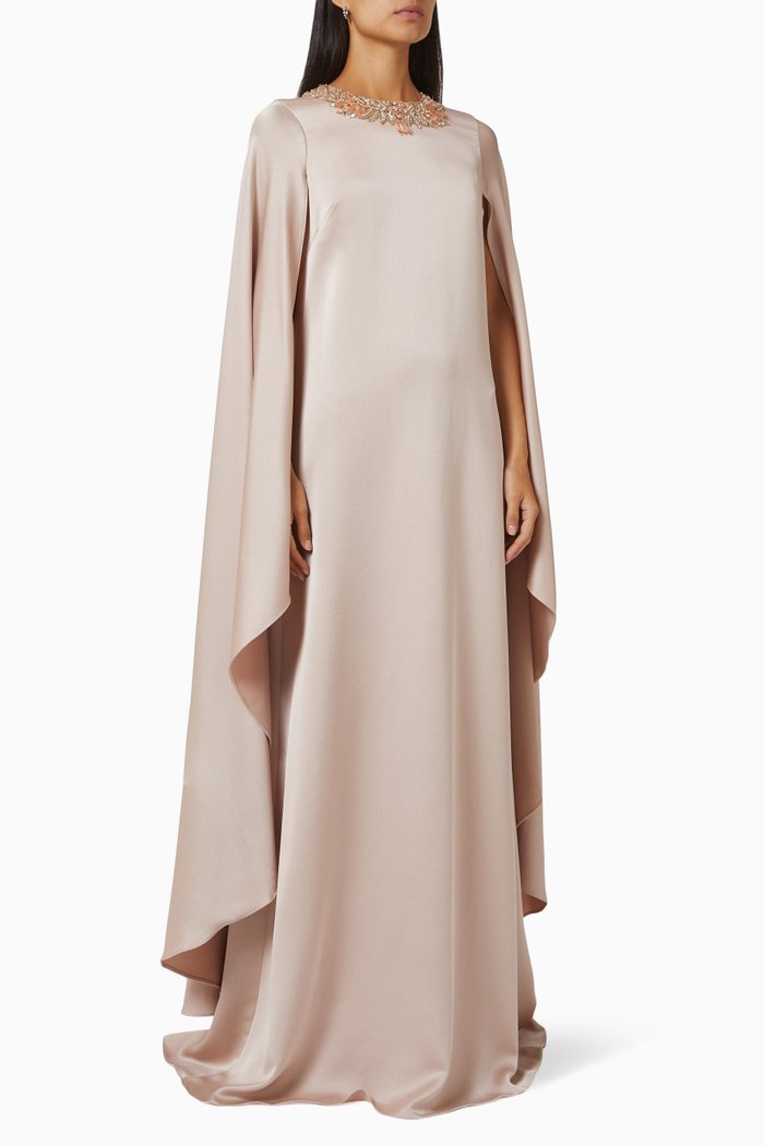 

Beaded Collar Gown in Crepe-back Satin, Pink