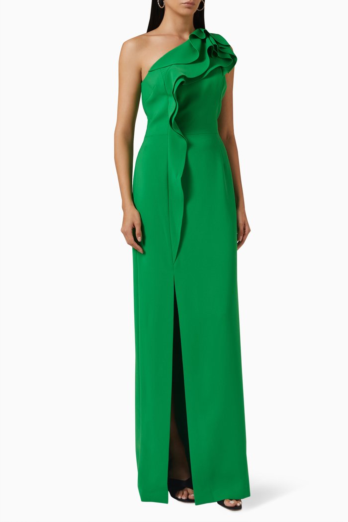 Ruffle One-shoulder Gown in Crepe, Green