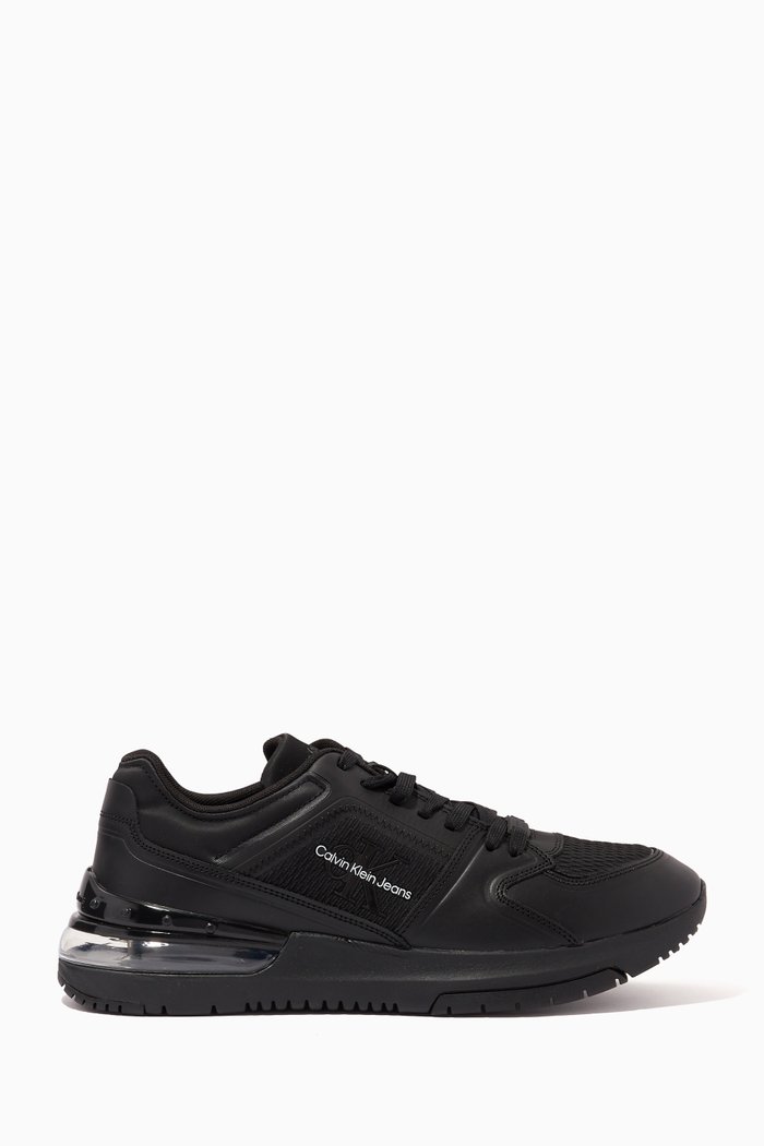 

Sporty Runner Comfair Sneakers in Knit Mesh & Leather, Black