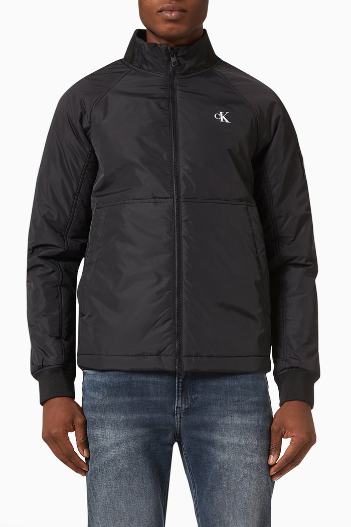 Padded Logo Zip-up Jacket in Recycled Nylon, Black