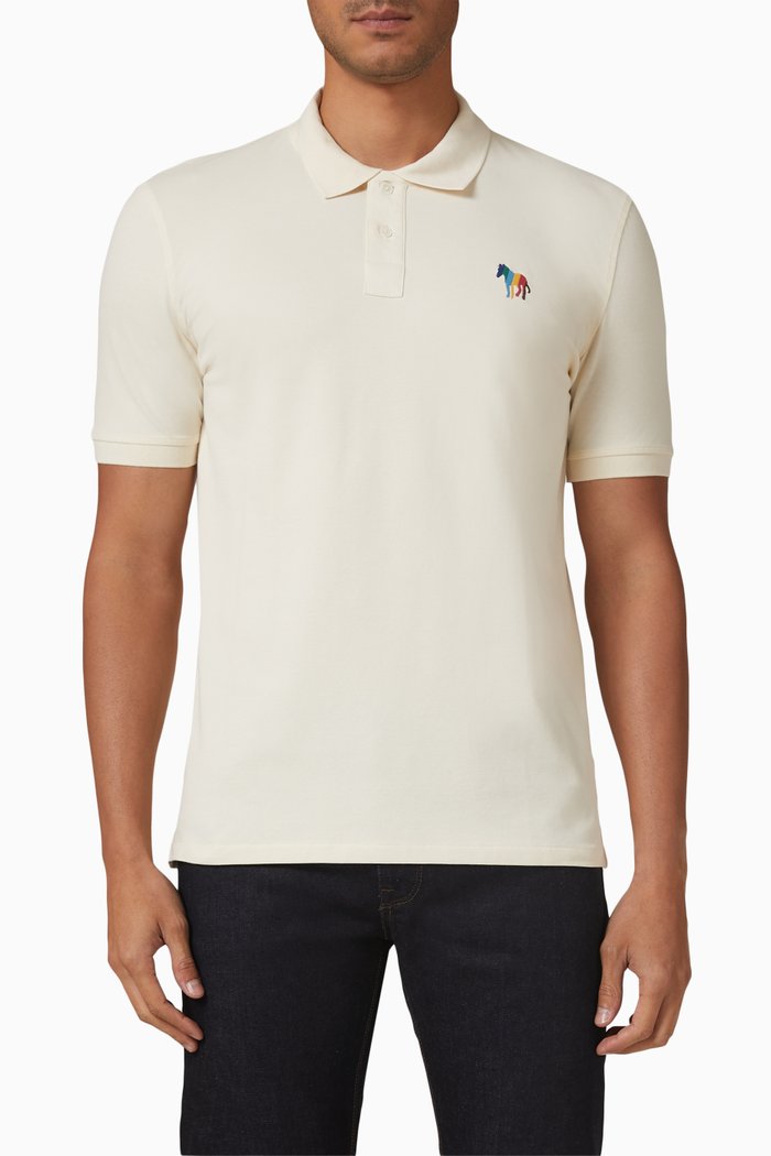 Broad Stripe Zebra Logo Polo Shirt in Cotton Pique, Neutral