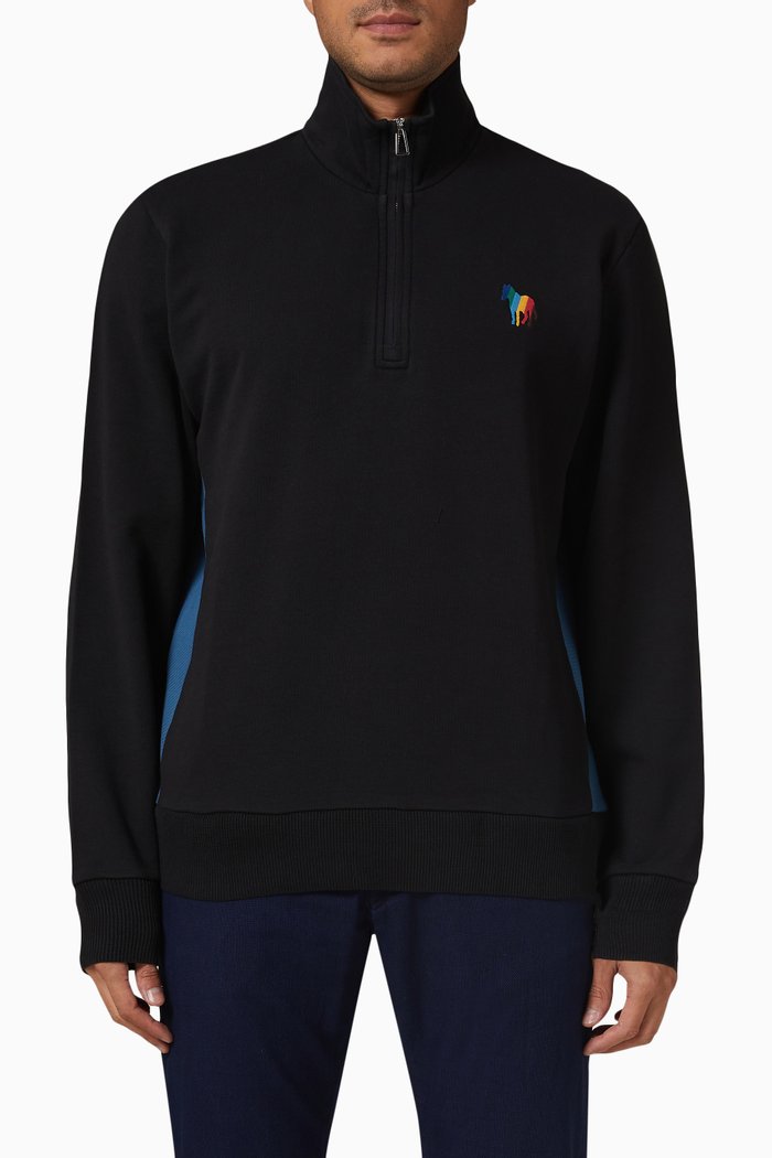 

Broad Stripe Zebra Zip Neck Sweatshirt in Cotton, Black